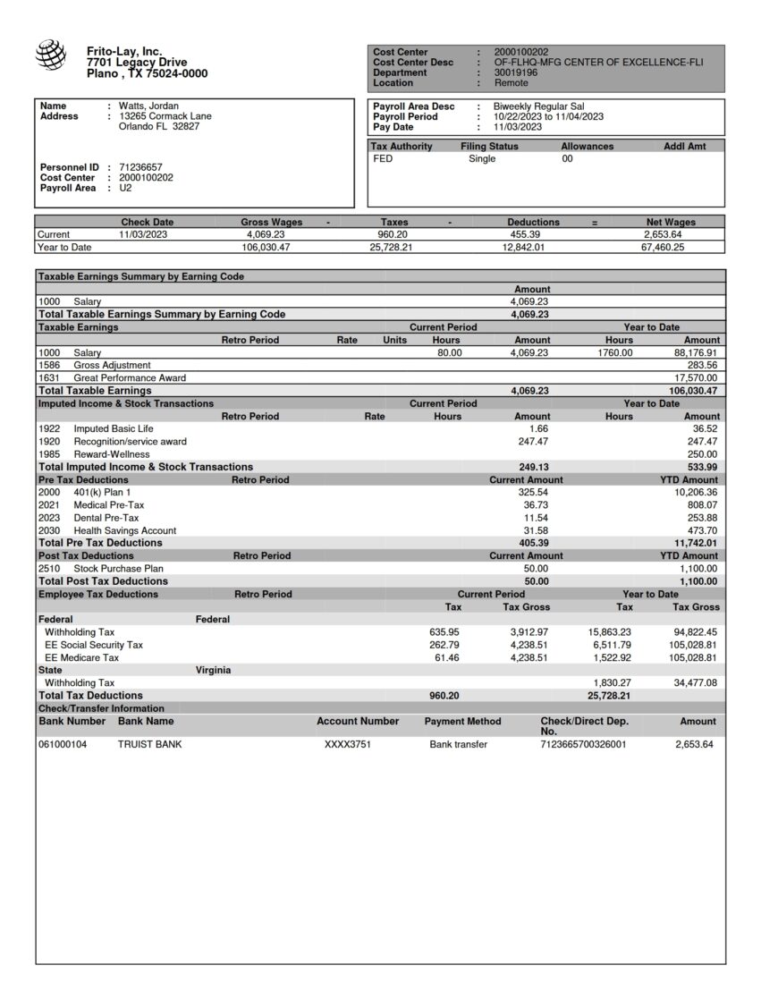 USA Frito Lay Paystub Word And PDF Template