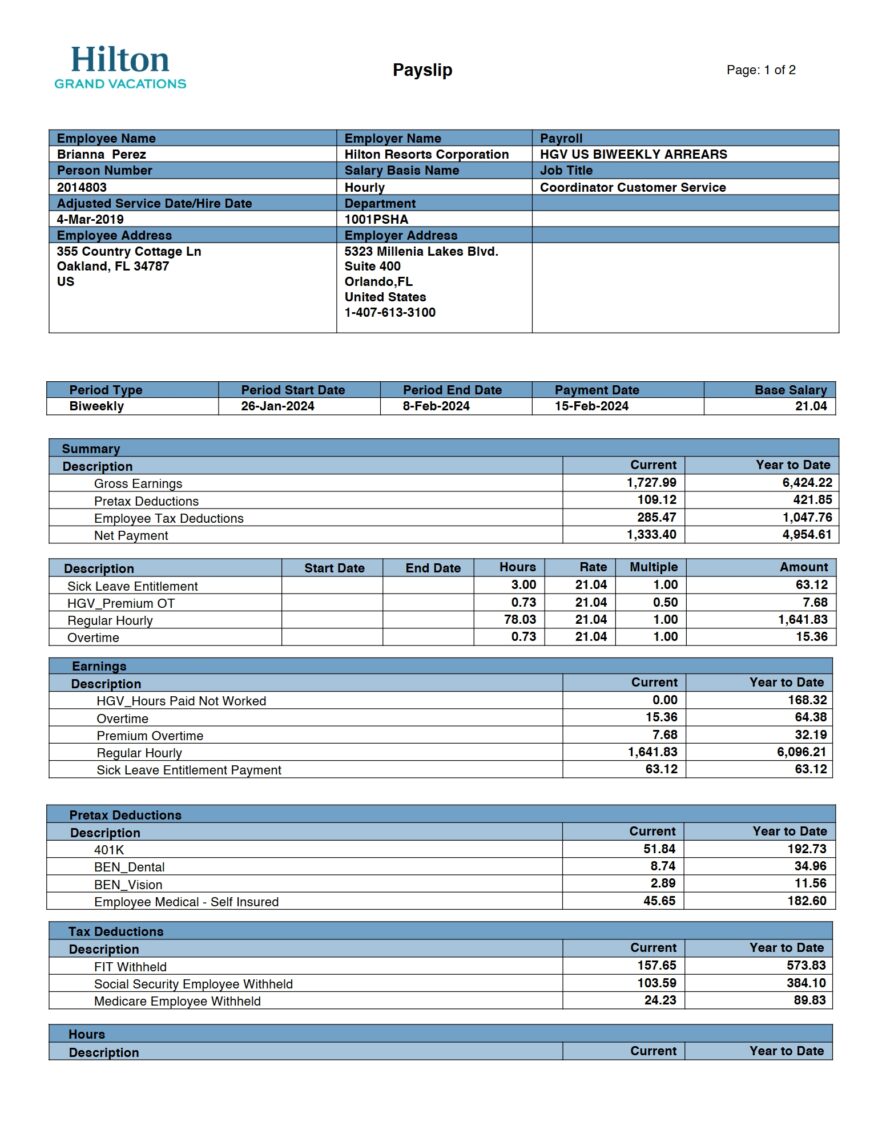 USA Hilton Grand Vacations Pay Stub Word And PDF Template 7 Pages