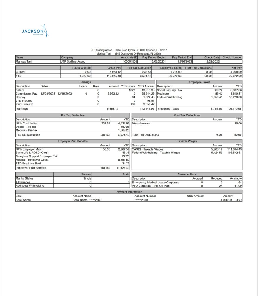 USA Jackson Healthcare PayStub Word and PDF Template