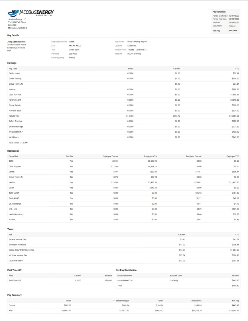 USA Jacobus Energy PayStub Word and PDF Template