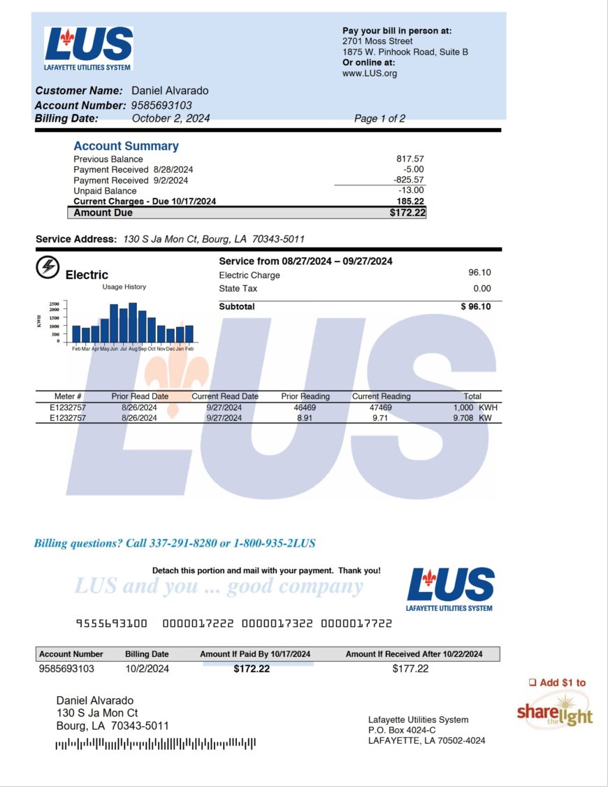 USA Lafayette Utilities System Bill Word And PDF Template 2 Pages