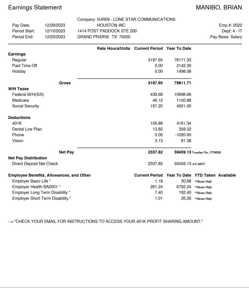 USA Lone Star Communications Pay Stub Word And PDF Template 6 Pages