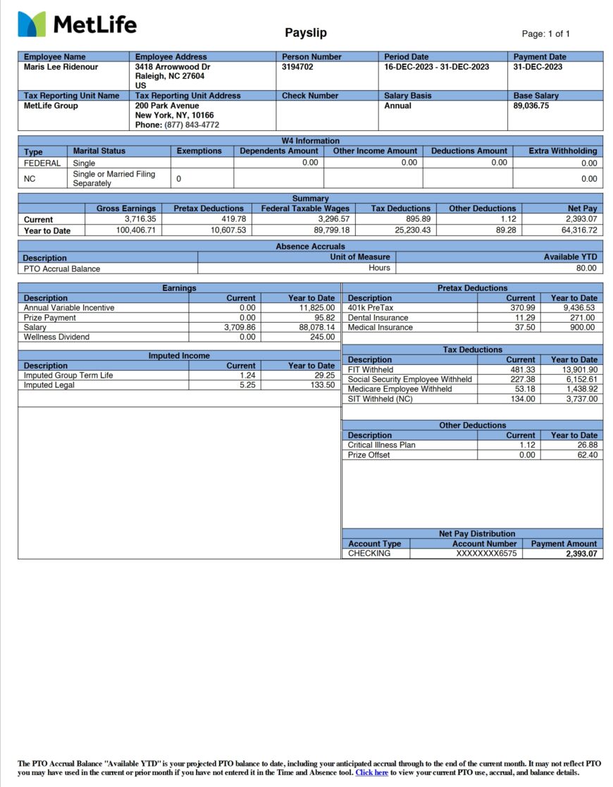 USA MetLife Pay Stub Word And PDF Template