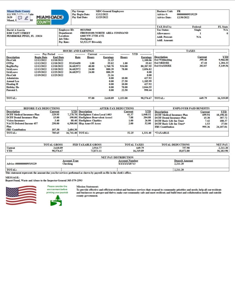 USA Miami Dade County Paystub Word And PDF Template