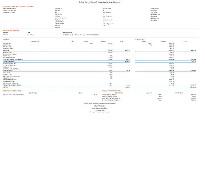 USA Microsoft Corporation Employee PayStub Word and PDF Template 6 Pages