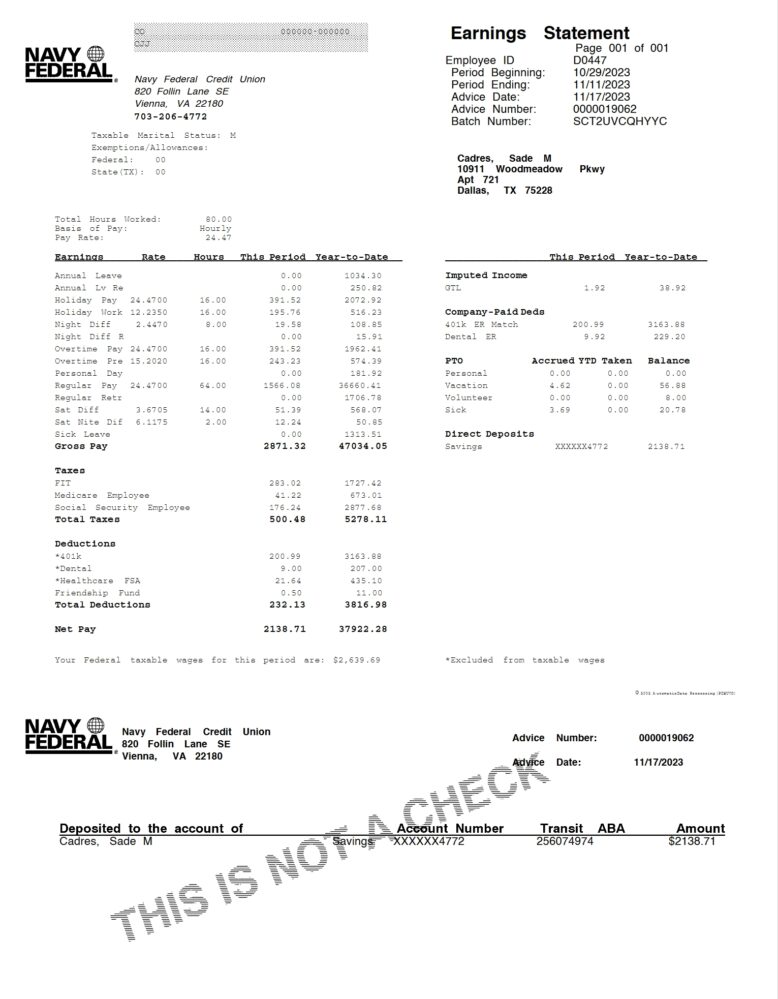USA Navy Federal Credit Union Pay Stub Word and PDF Template
