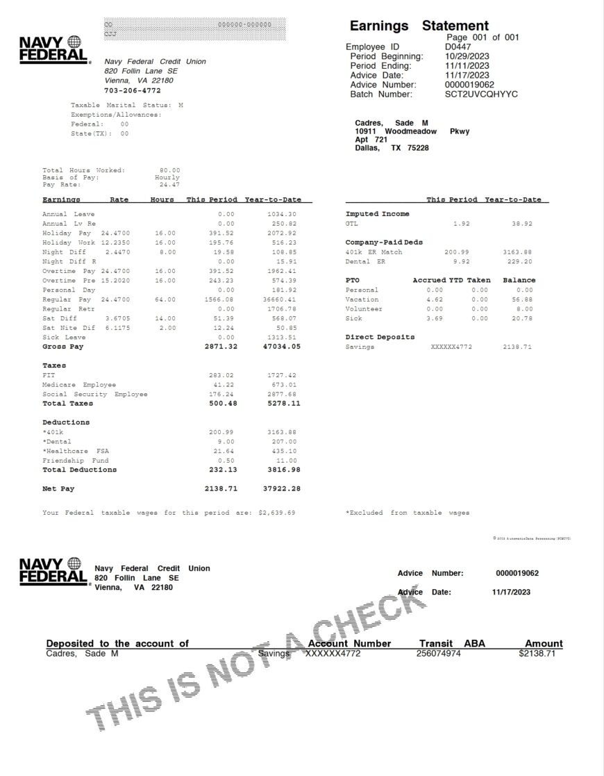 USA Navy Federal Credit Union Pay Stub Word and PDF Template