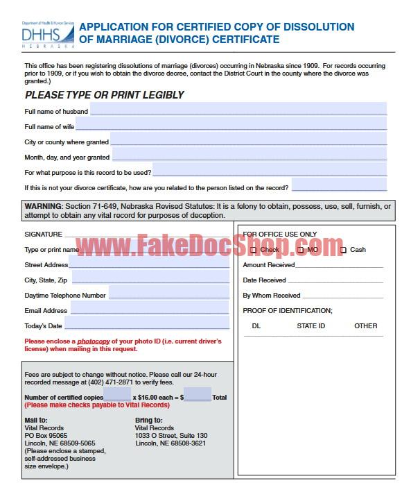 USA Nebraska Divorce Certificate Request Template