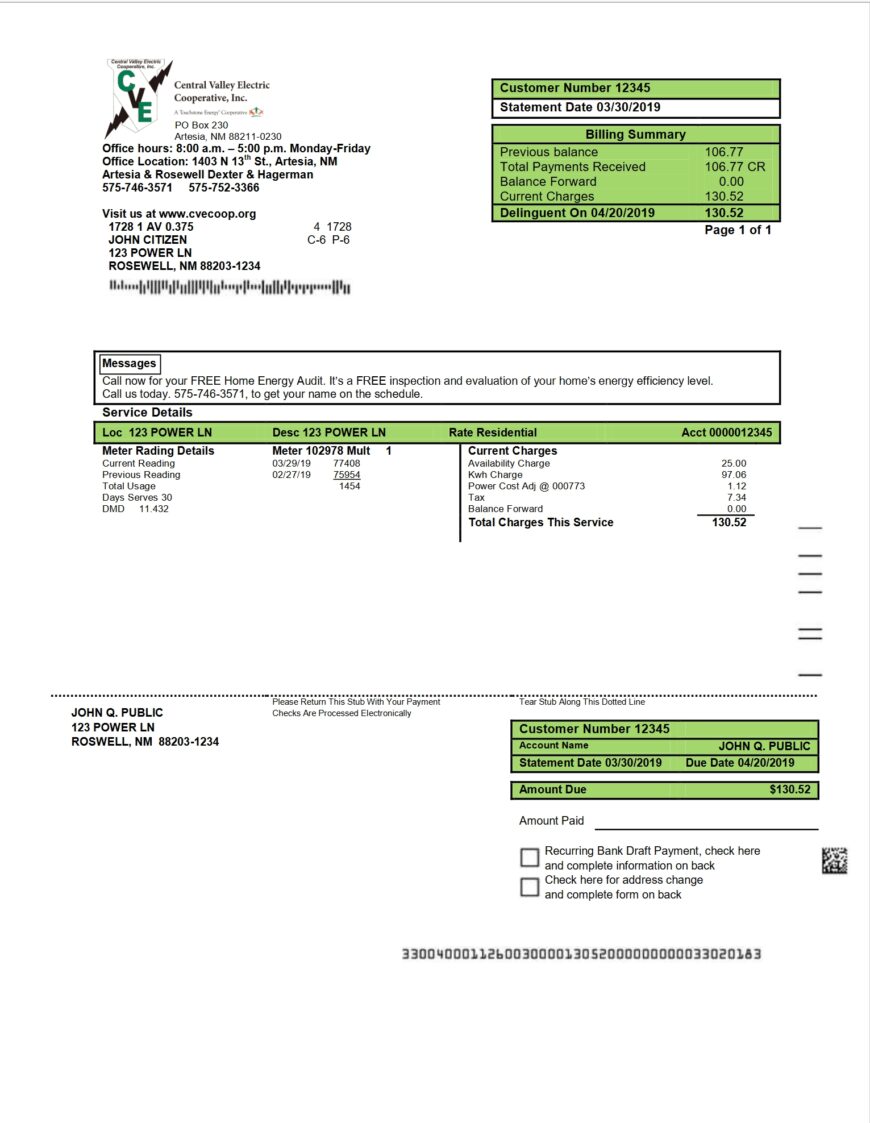 USA New Mexico Central Valley Electric Bill Word And PDF Template
