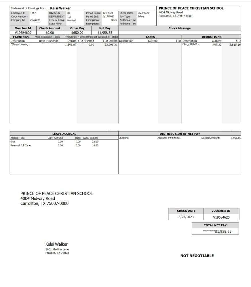 USA PRINCE OF PEACE CHRISTIAN SCHOOL PayStub Word And PDF Template 6 Pages