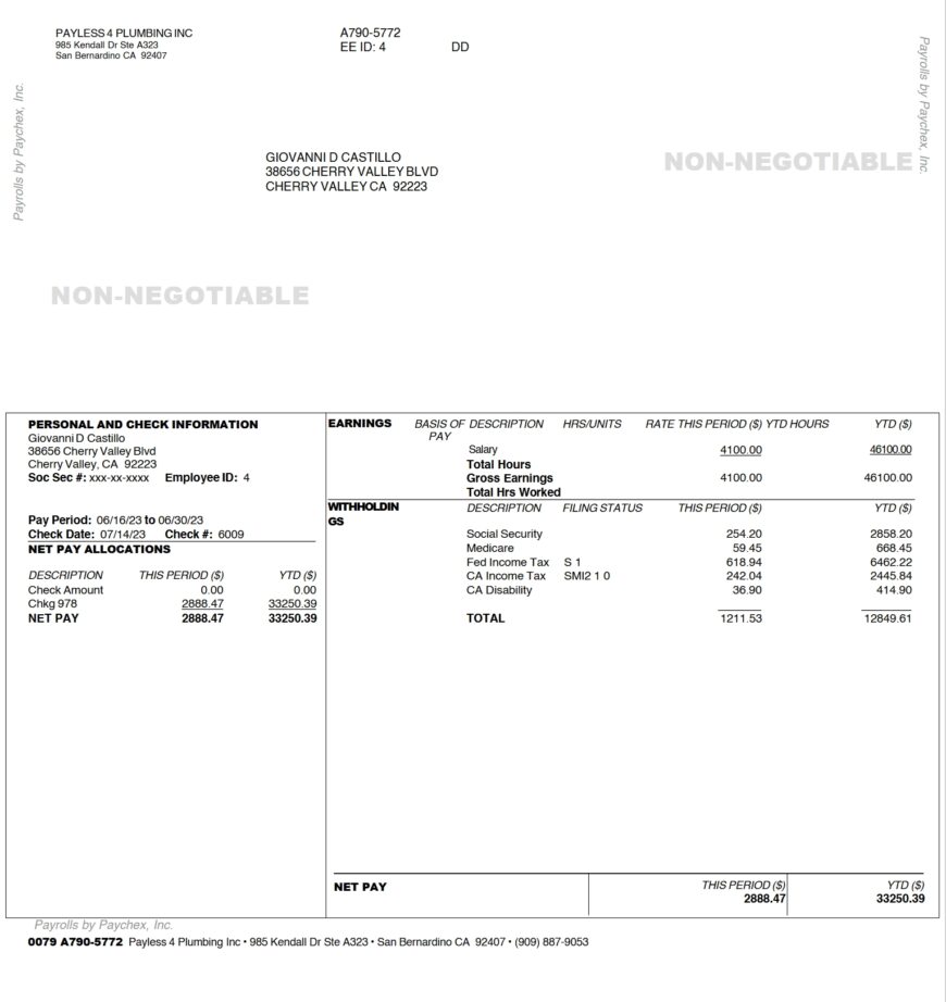 USA Paychex PayStub Word and PDF Template 3 Pages