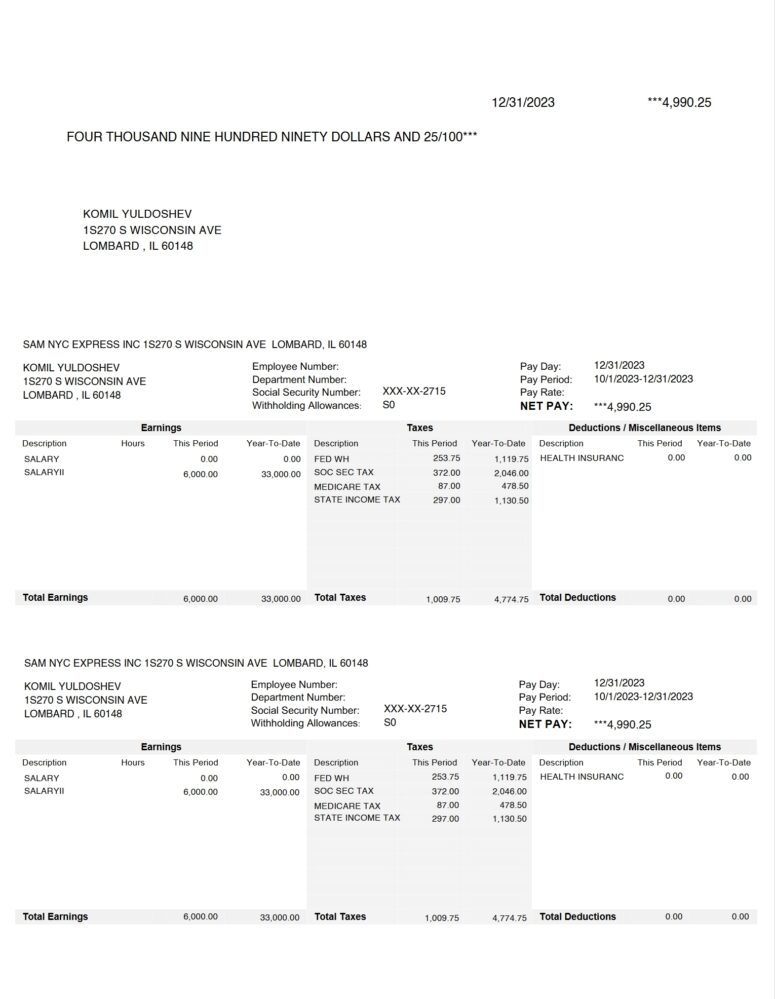 USA SAM NYC EXPRESS INC Paystub Word And PDF Template