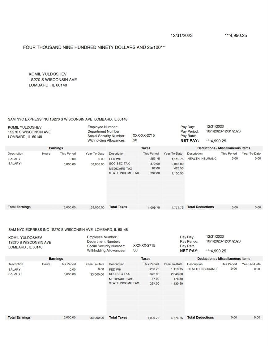 USA SAM NYC EXPRESS INC Paystub Word And PDF Template