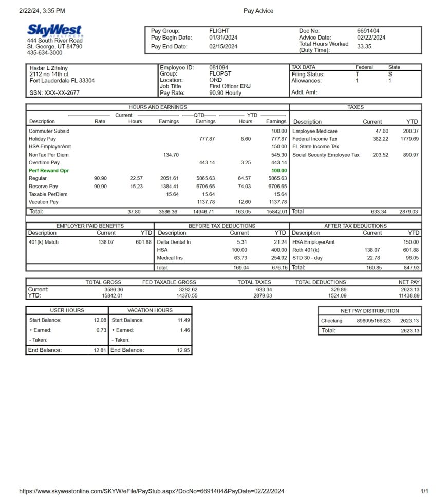 USA SkyWest Airlines Paystub Word And PDF Template 17 Pages