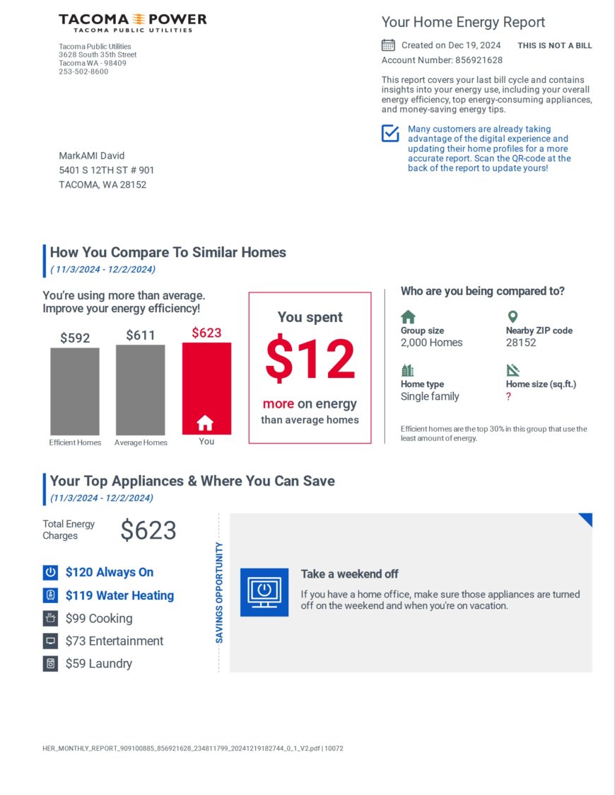 USA Tacoma Public Utilities Home Energy Report Word And PDF Template 2 Pages