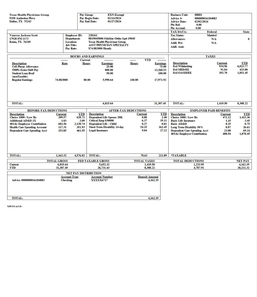 USA Texas Health Physicians Group Paystub Word And PDF Template