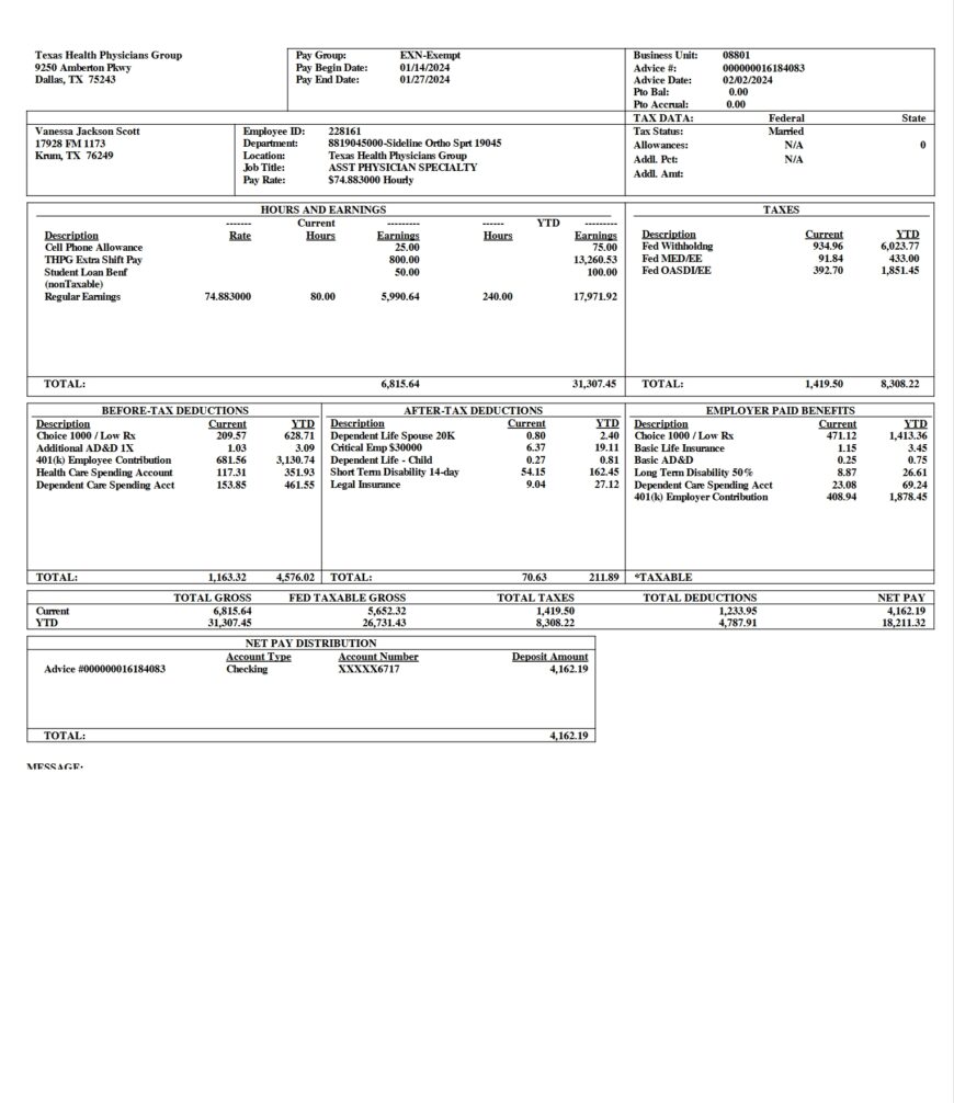 USA Texas Health Physicians Group Paystub Word And PDF Template