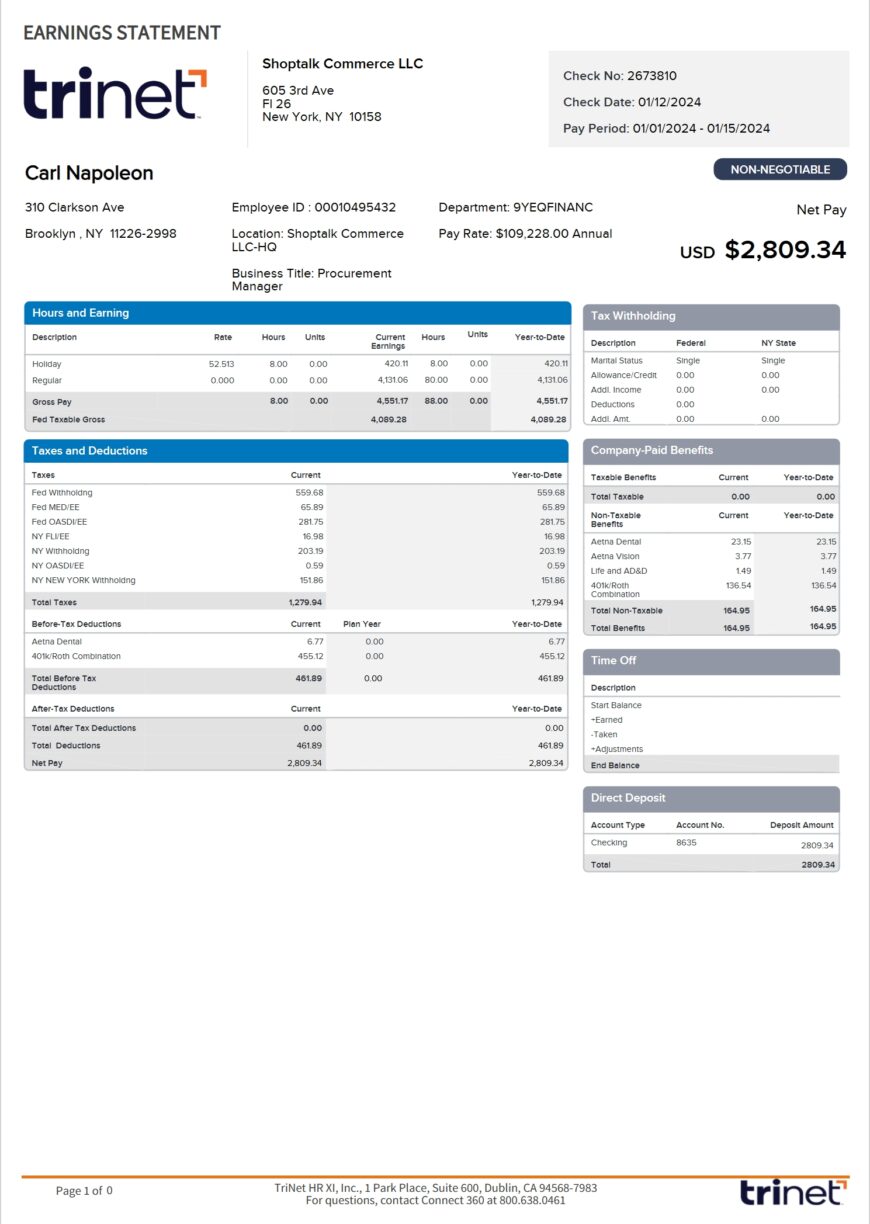 USA TriNet Earnings Statement Word And PDF Template