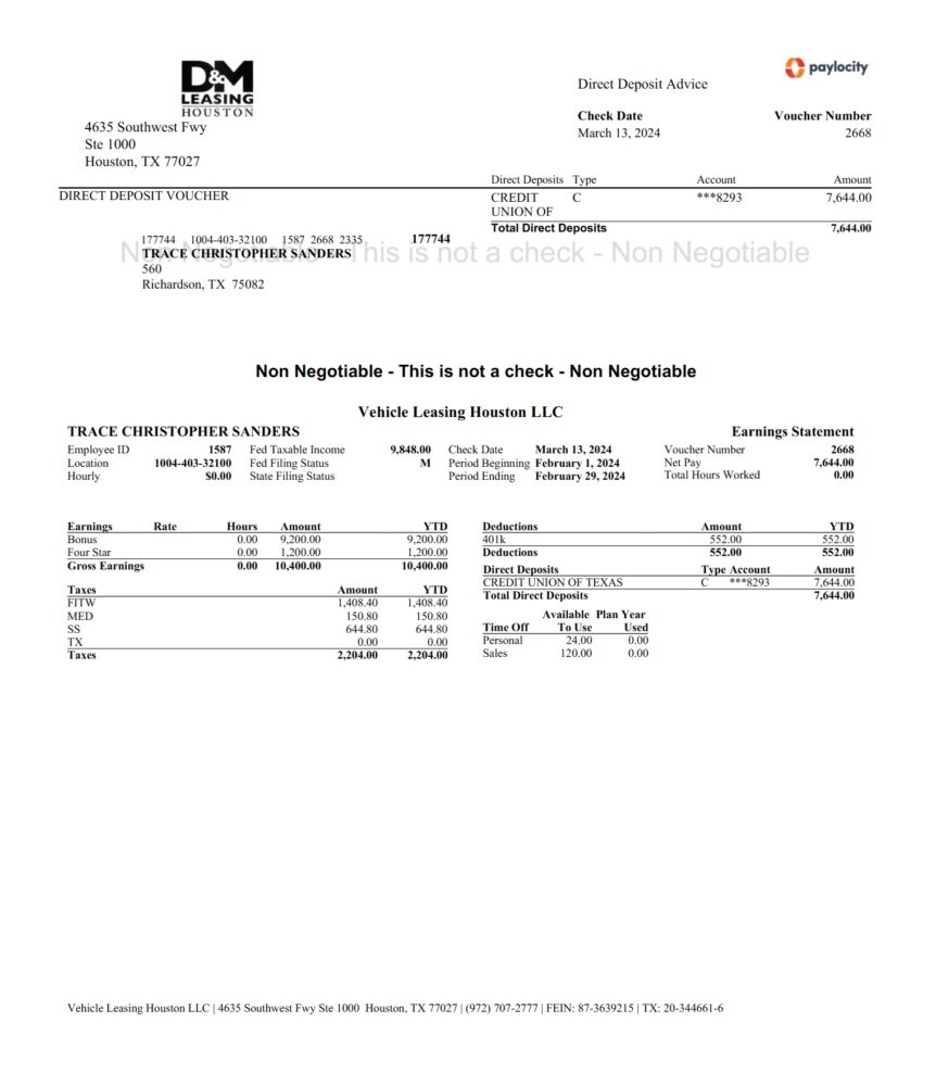 USA Vehicle Leasing Paystub Word And PDF Template 3 Pages