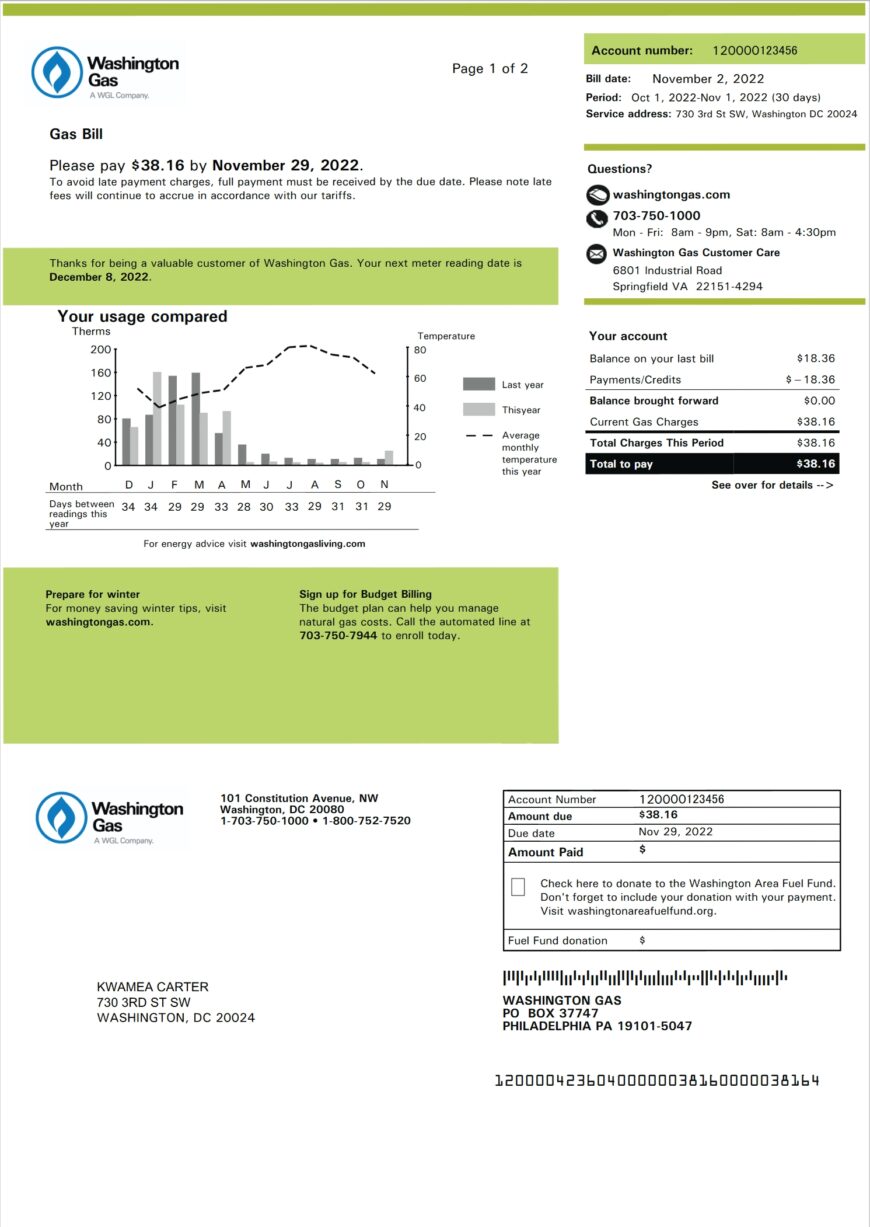 USA Washington Gas Utility Bill Word And PDF Template 2 Pages