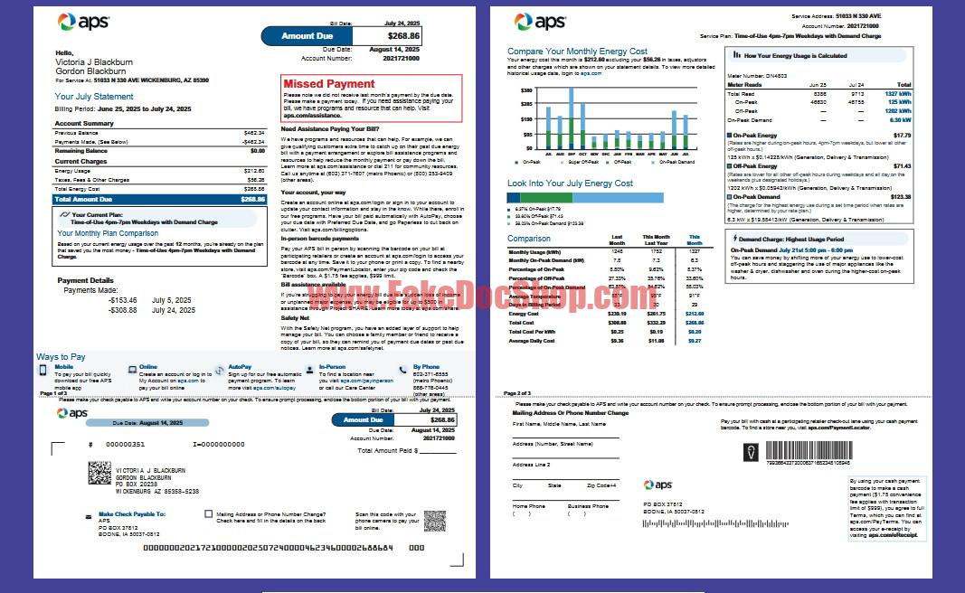 United States APS Utility Bill Template in Word and PDF Format