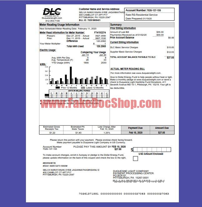 United States Duquesne Light Company Utility Bill Template in Word and PDF Format