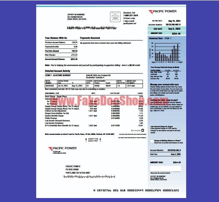 United States Pacific Power Utility Bill Template in Word and PDF Format