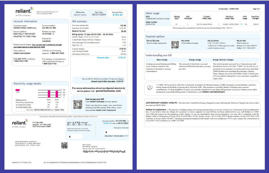 United States Reliant Energy Utility Bill Template in Word and PDF Format