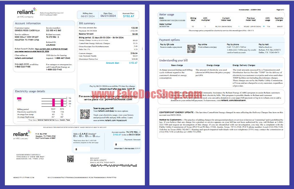 United States Reliant Energy Utility Bill Template in Word and PDF Format