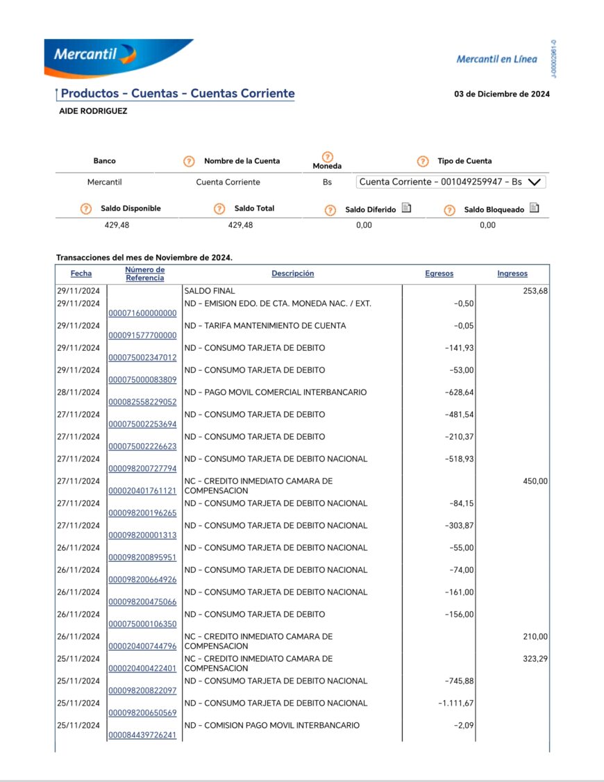 Venezuela Mercantil Bank Statement Word And PDF Template 2 Pages