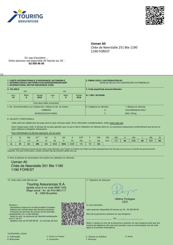 Belgium Touring Assurances Motor Insurance Card Word And PDF Template 2 Pages