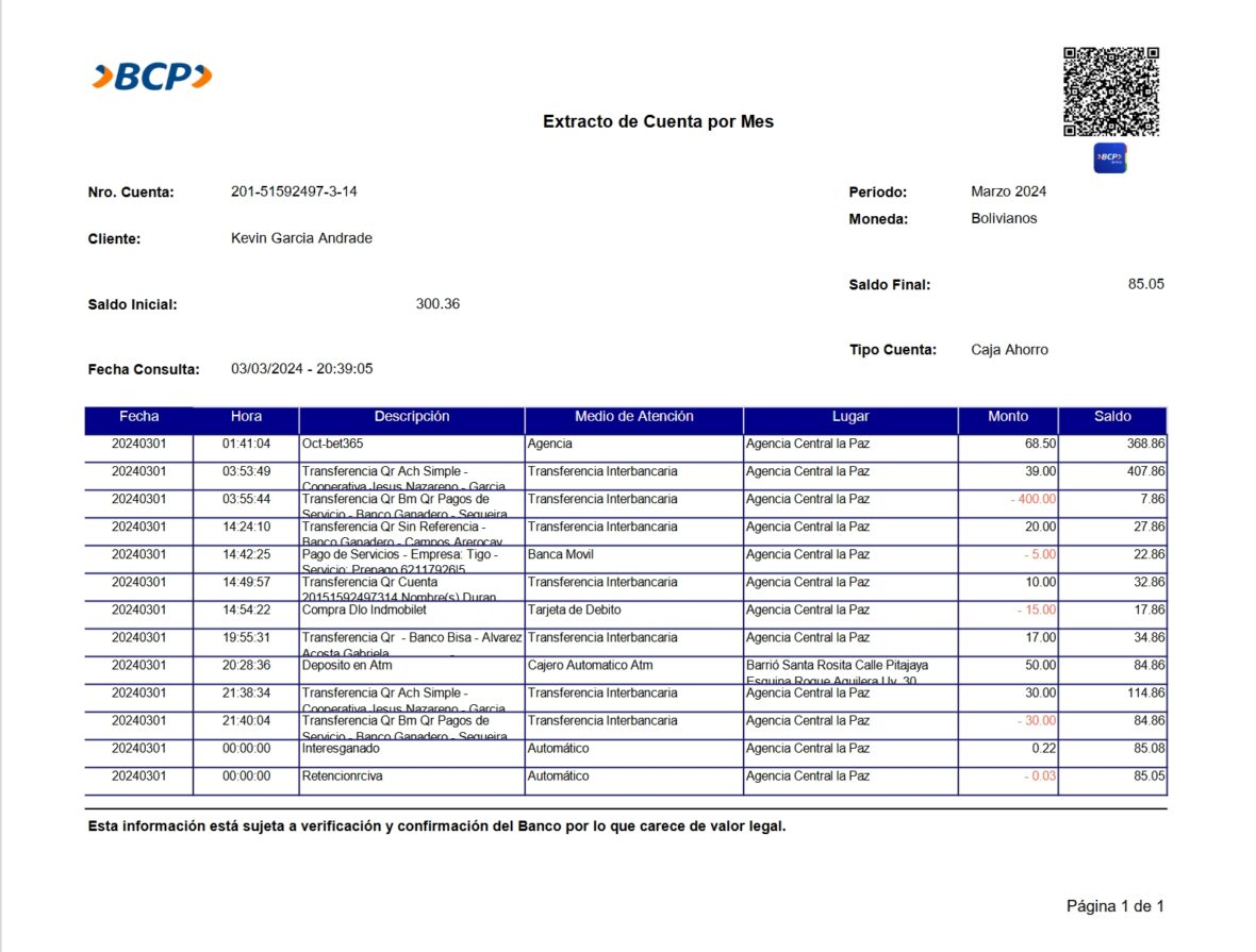 Bolivia BCP Bank Statement Template