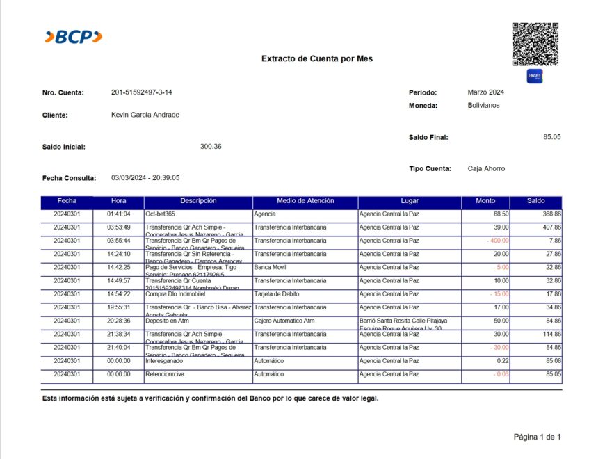 Bolivia BCP Bank Statement Template