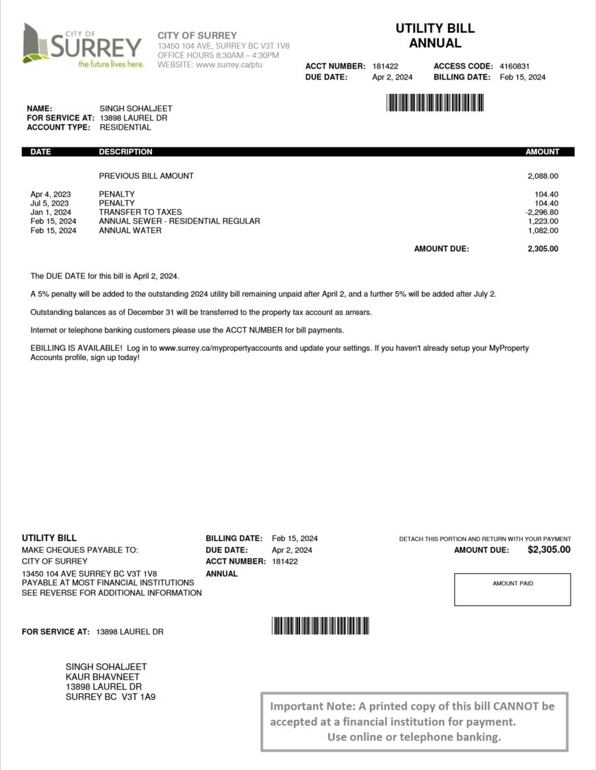 Canada City of Surrey Utility Bill Word And PDF Template 2 Pages