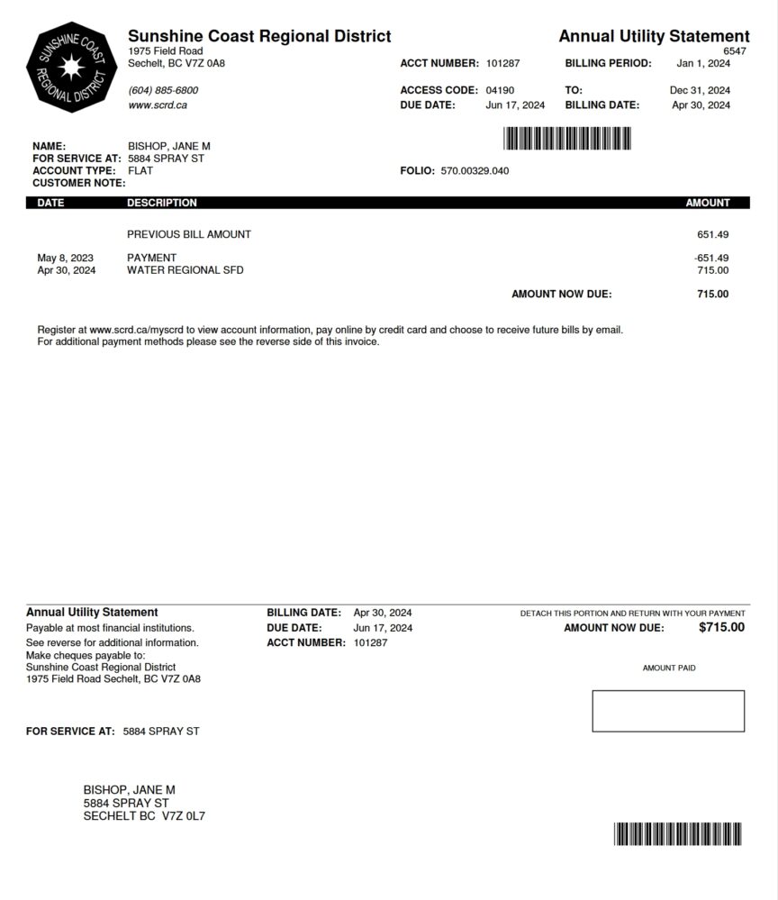 Canada Sunshine Coast Regional District Annual Utility Statement Word And PDF Template 2 Pages