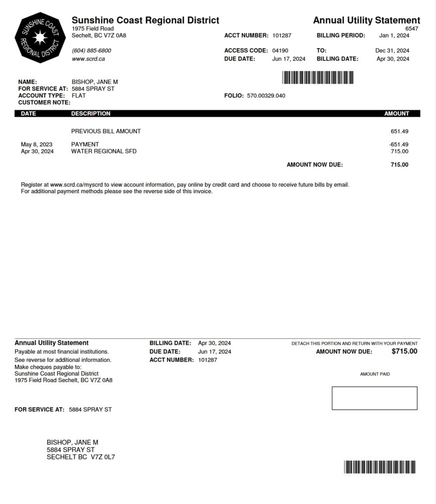 Canada Sunshine Coast Regional District Annual Utility Statement Word And PDF Template 2 Pages