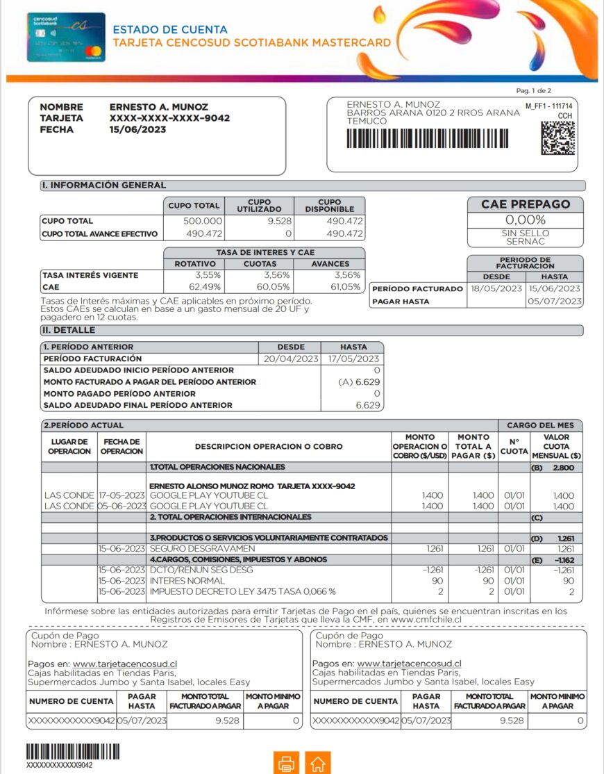 Chile Cencosud Scotiabank Credit Card Statement Word And PDF Template 3 Pages