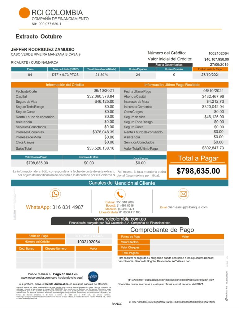 Colombia RCI Colombia Bank Statement Word And PDF Template 2 Pages