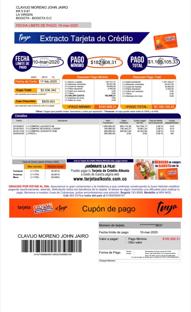 Colombia Tuya Alkosto Credit Card Statement Word And PDF Template