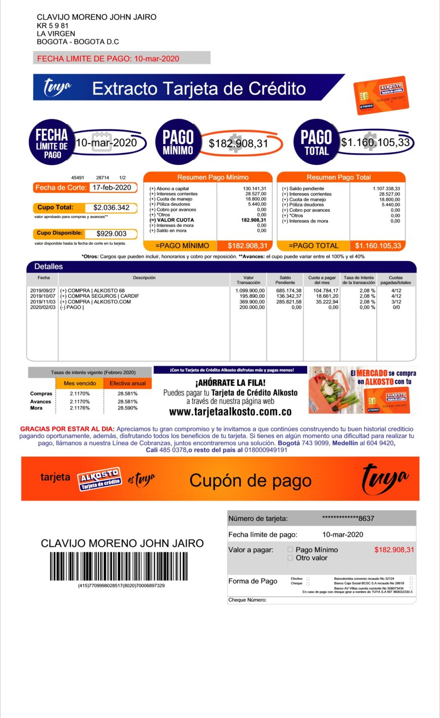 Colombia Tuya Alkosto Credit Card Statement Word And PDF Template
