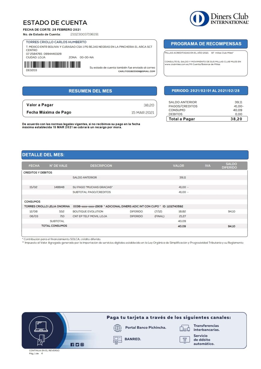 Ecuador Banco Diners Club Bank Statement Word And PDF Template 4 Pages