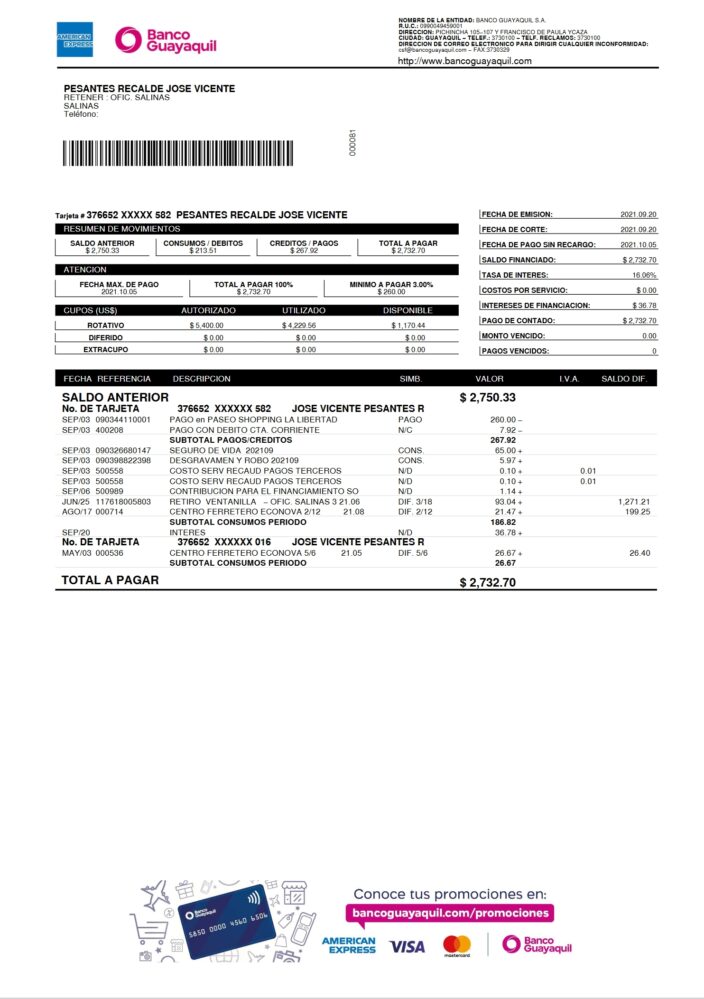 Ecuador Banco Guayaquil Credit Card Statement Word And PDF Template 2 Pages
