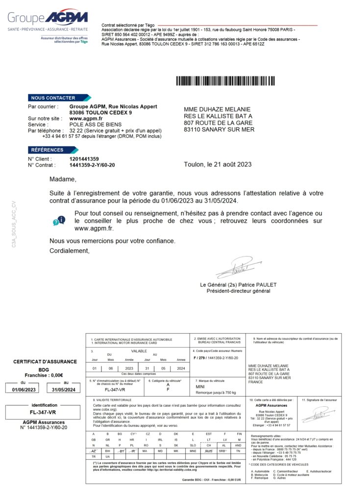 France AGPM Assurances Insurance Policy Word And PDF Template