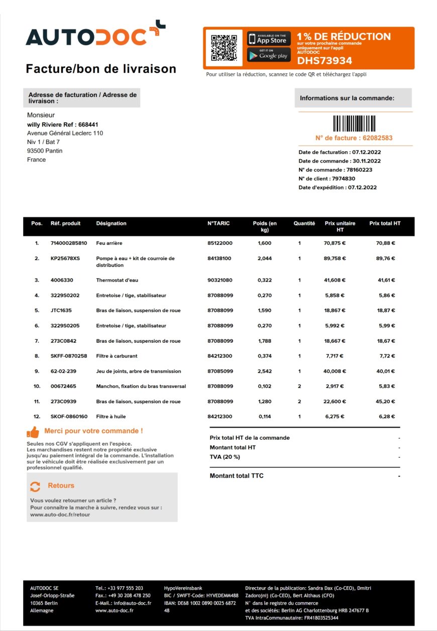France AUTODOC Invoice Word And PDF Template 2 Pages