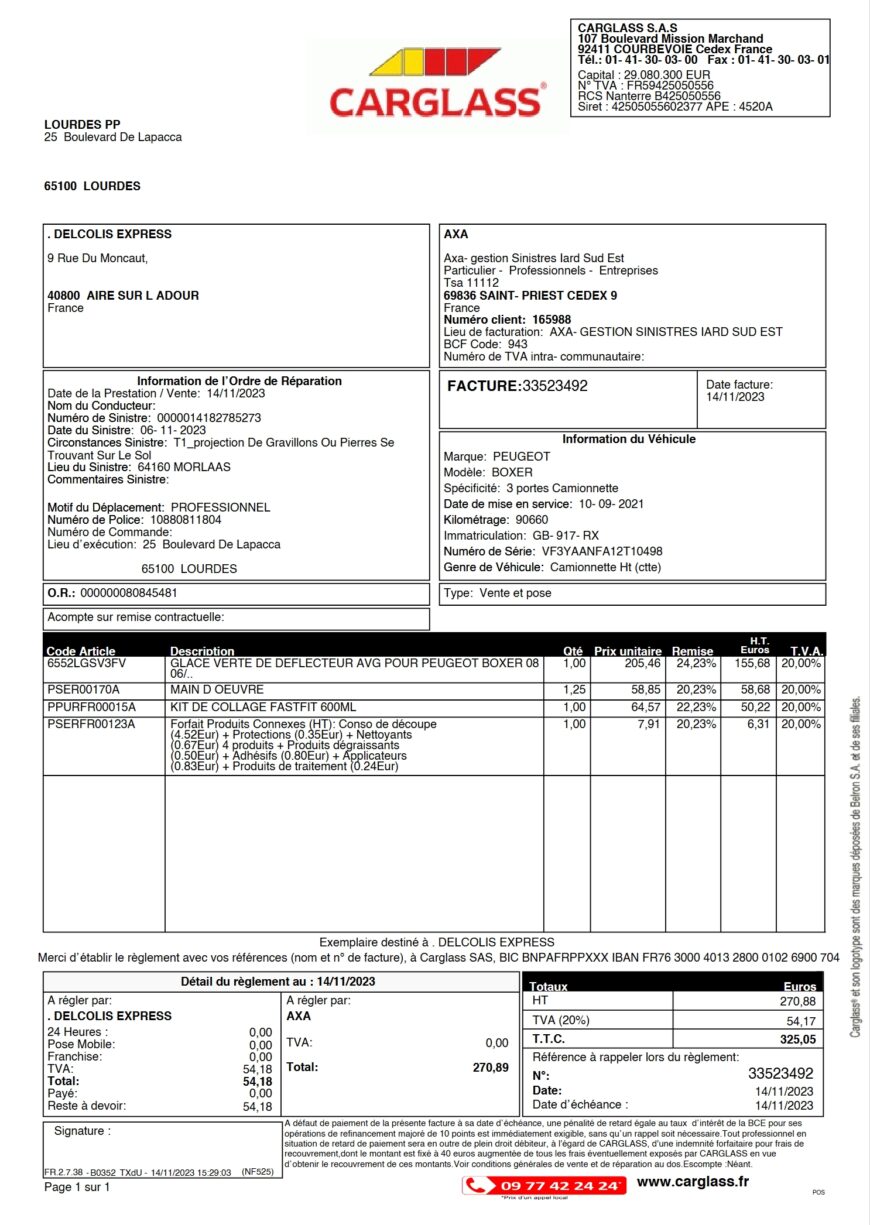 France Carglass S.A.S Invoice Word And PDF Template 2 Pages