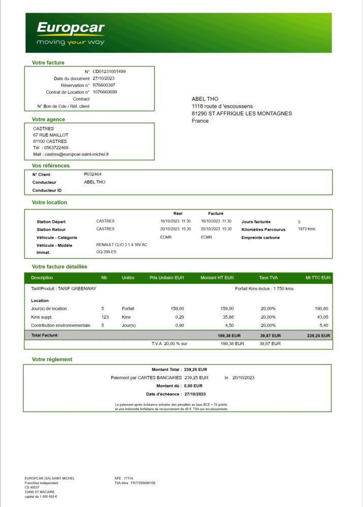 France Europcar Invoice Template In word And PDF Format