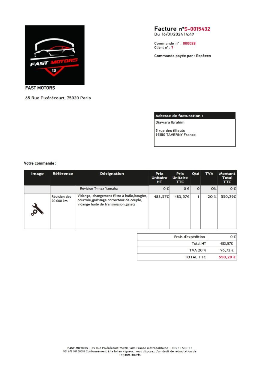 France Fast Motors Invoice Template in Word And PDF format