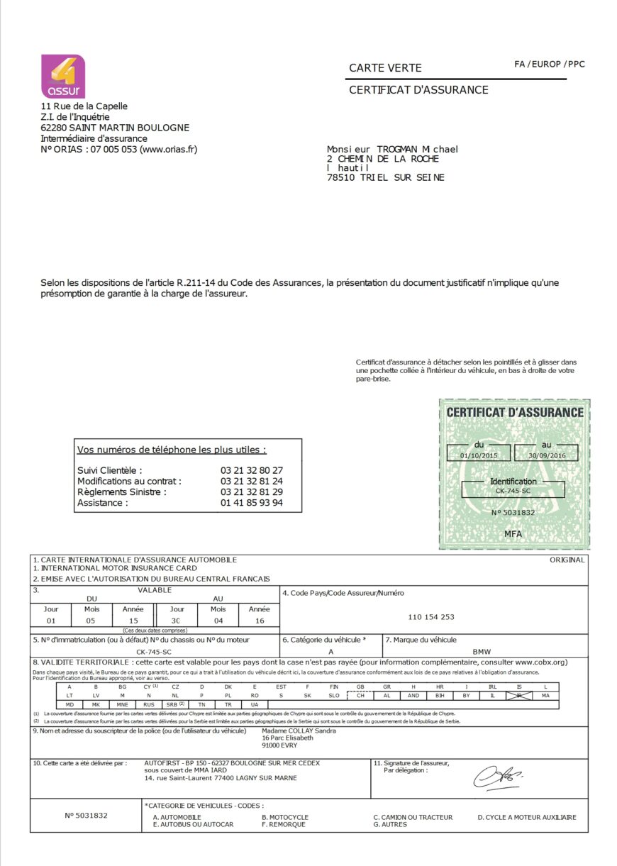 France International Motor Insurance Green Card Word And PDF Template 1