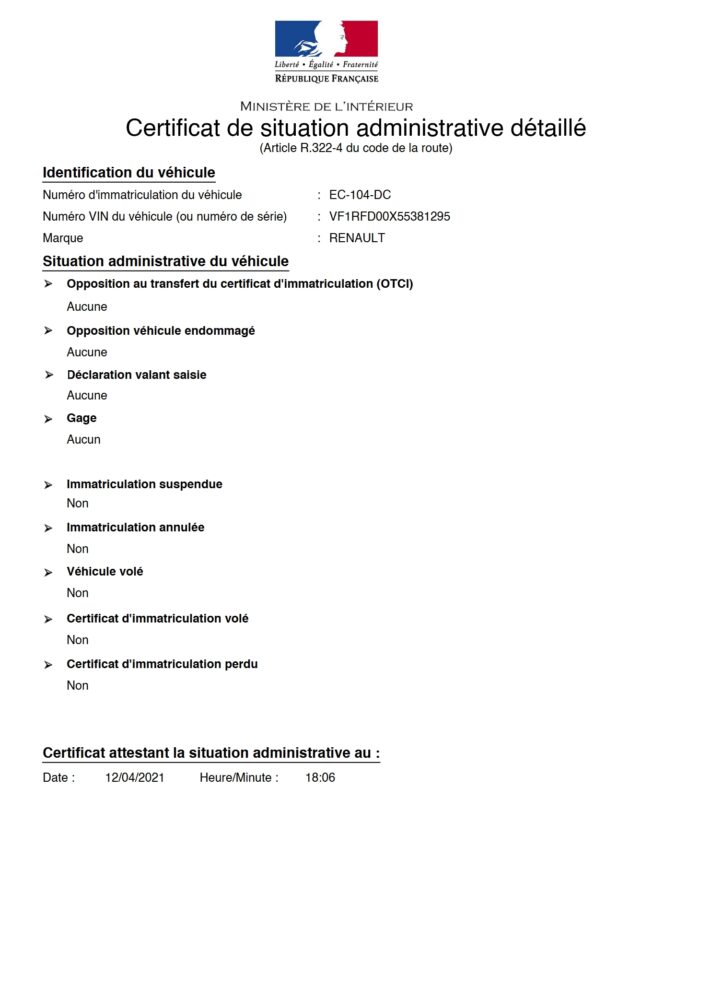 France Ministere de lInterieur Administrative Status Certificate Word And PDF Template