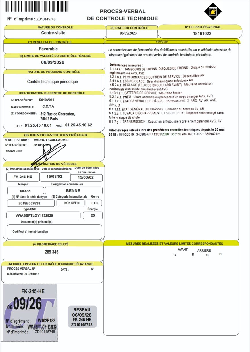 France NORISKO Vehicle Technical Control Report Word And PDF Template